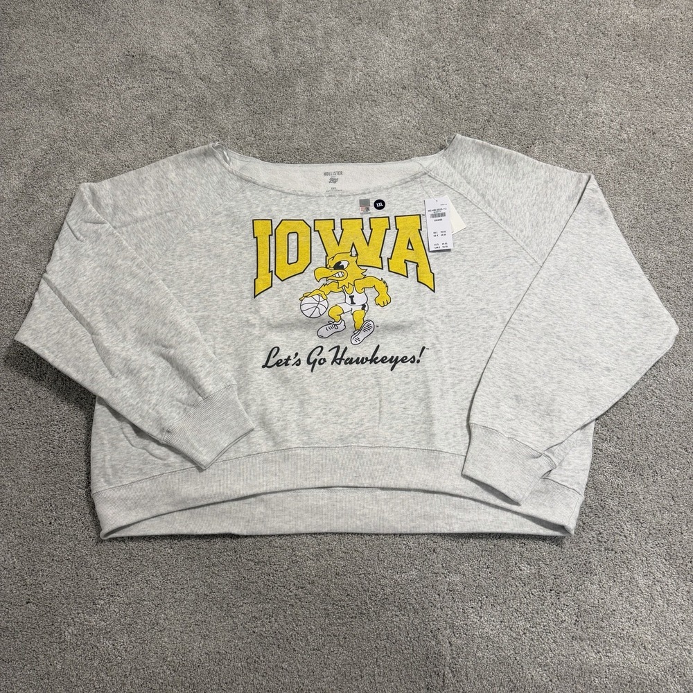 Hollister Iowa Hawkeyes Sweatshirt Womens Sz XXL Grey Cropped Off Shoulder NWT‎